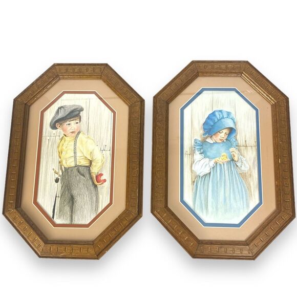 Kathleen Casey 1980s Framed Pictures Boy Girl‎ Hexagon 2 PC Vintage Decor A18G - Picture 1 of 12
